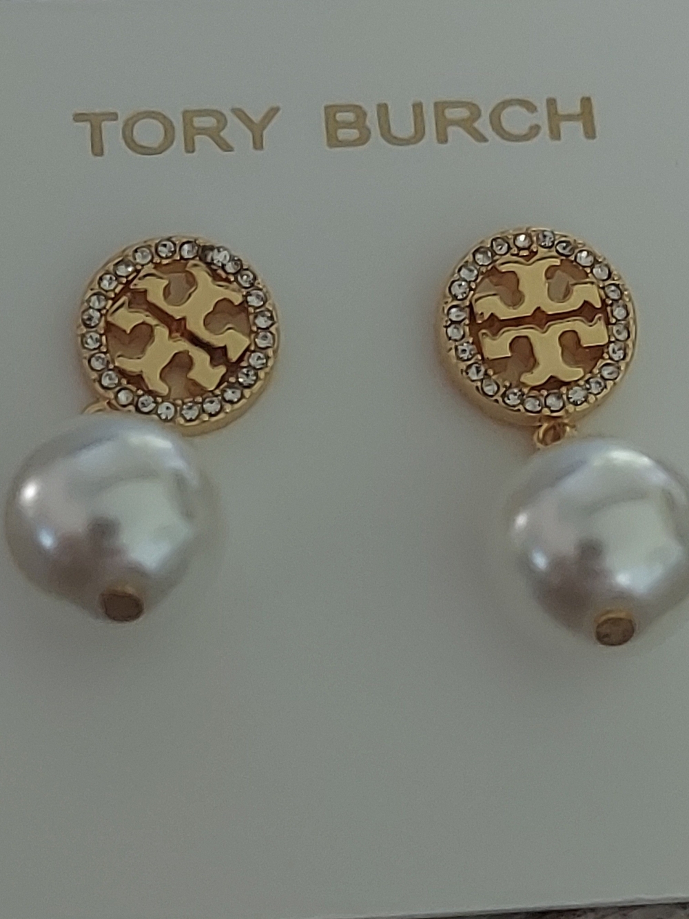 Tory Burch Gold Logo Pearl Drop Earrings with Crystal Halo